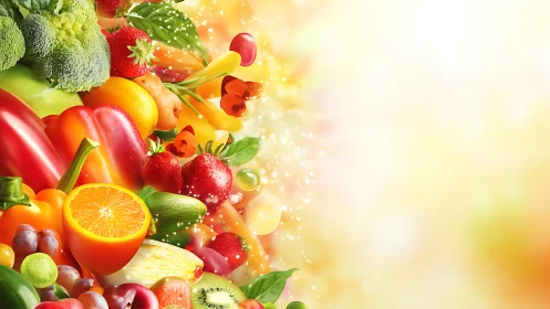 Colorful mixed fruits and vegetables on bright yellow background.