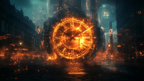 Timefire clock swirling through a stormlit city street.
