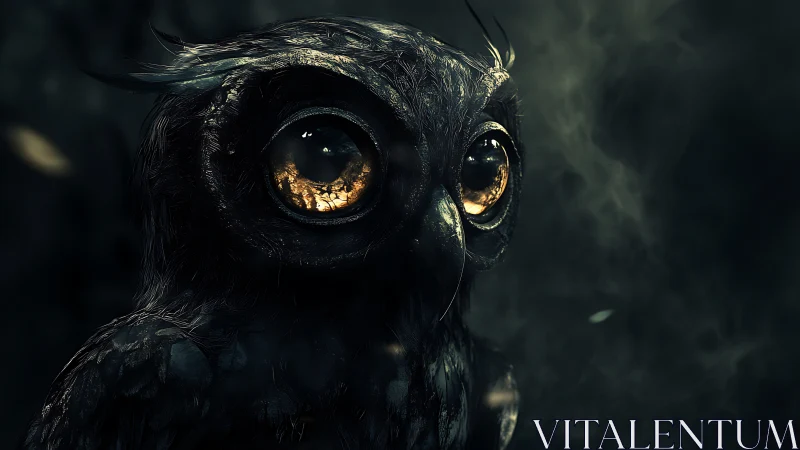 Owl portrait shows stylized glossy feathers and glowing eyes