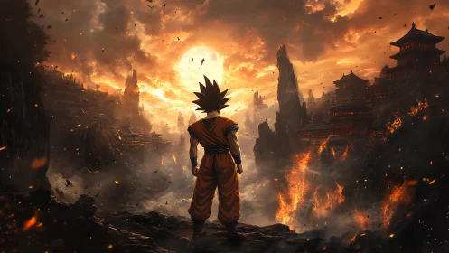 Fiery warrior gazes toward a burning valley of crumbling temples