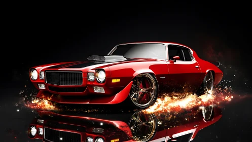 Fiery red muscle car blazing forward with bold street style.