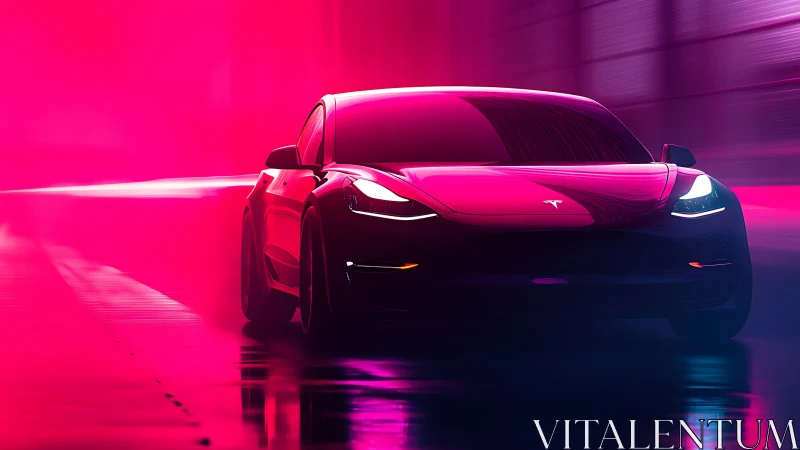Electric sports sedan glides through neon tunnel at speed