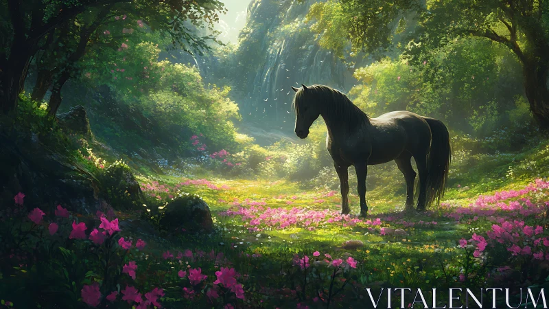 Midnight horse pauses where waterfalls whisper in bloom