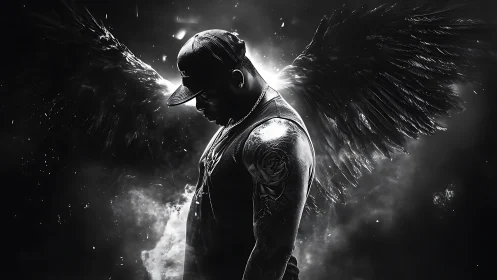 Monochrome angelic street figure with extended feathered wings