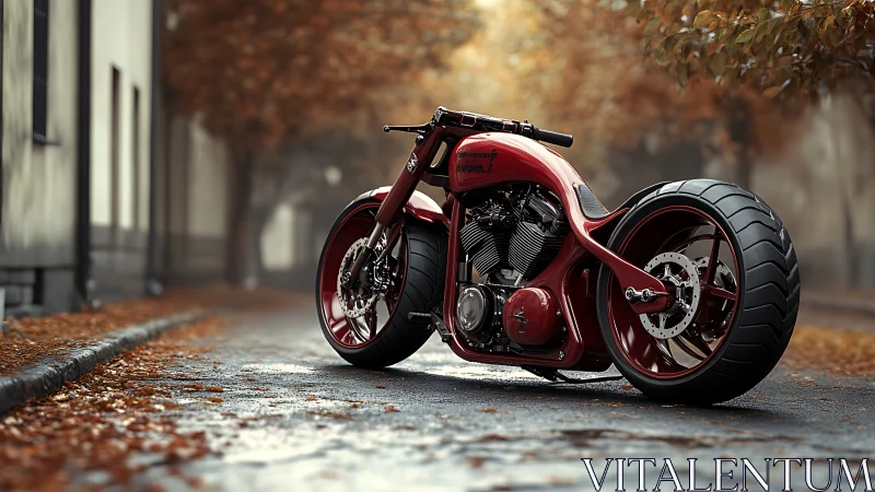 Custom red cruiser motorcycle on wet autumn street.