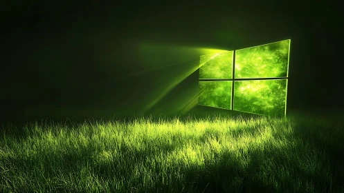 Luminous green window portal emits volumetric rays over wet grass