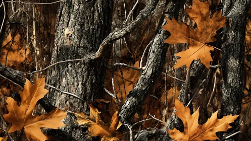 Golden autumn leaves resting against rugged woodland bark.