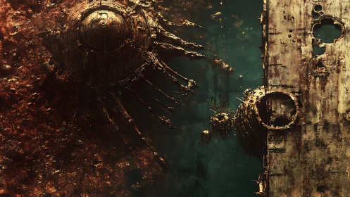 Silent wrecks adrift in a rusted cosmic graveyard.