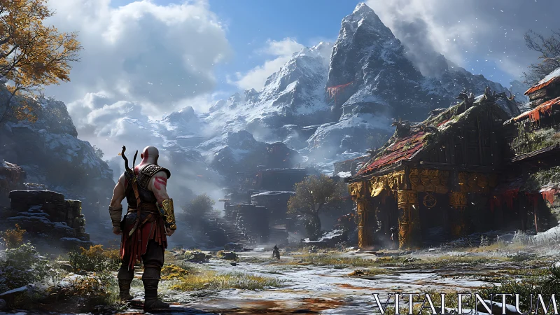 Warrior observing snowy Norse valley with ornate temple.