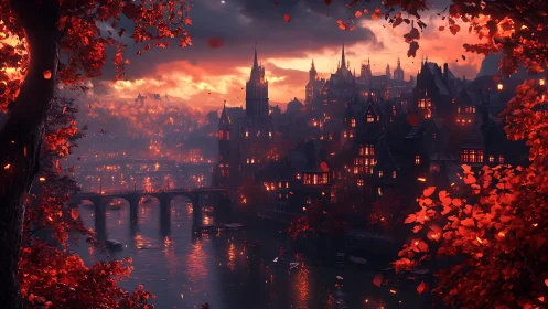Medieval riverside city glows under red autumn sunset light