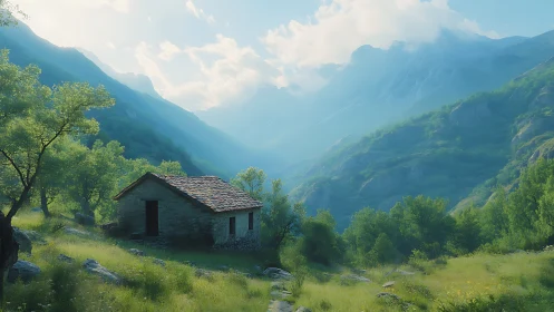 Stone cabin in green valley with distant blue mountains.