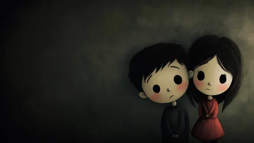 Two Melancholic Figures in Solitude Against Dark Atmosphere.