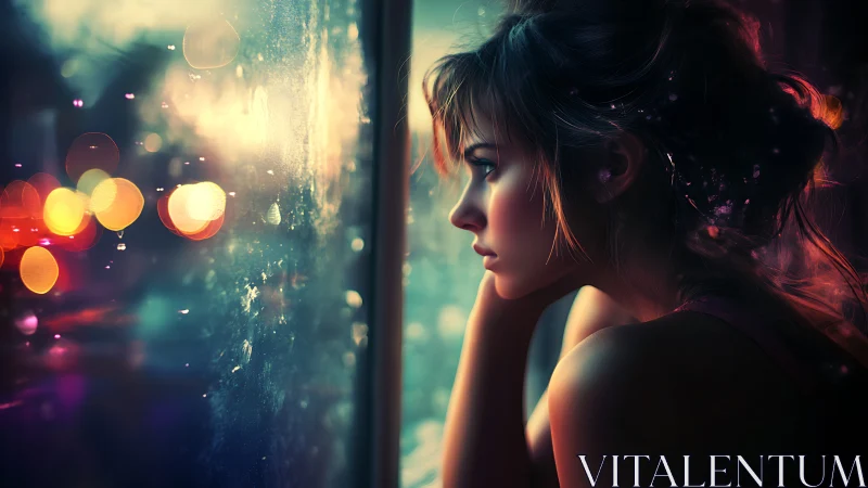 Digital painting of pensive woman at window with neon bokeh glow.