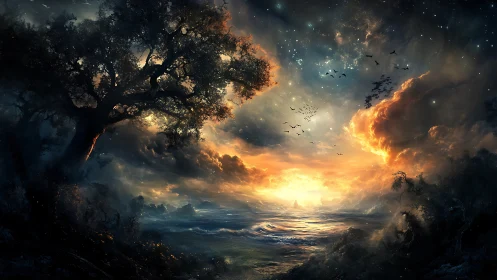 Enchanted cosmic shoreline glows beneath storm-torn skies.