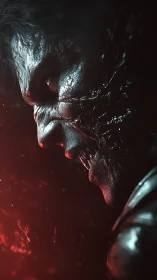 Brooding dark warrior leans toward a burning red light source