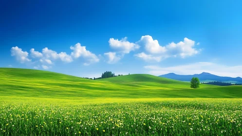 Spectral gradient meadow under cumulus field and distant ridges.