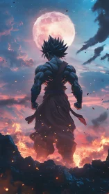 Celestial warrior silhouette before supermoon over magma field