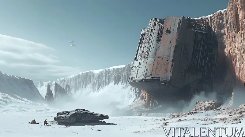 Colossal crashed starship lodged in frozen canyon wall.