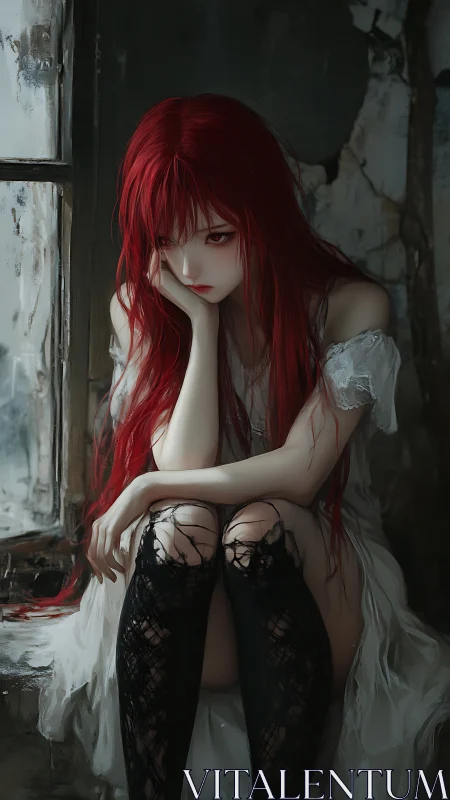 Scarlet solitude by the cracked window, waiting out storms.