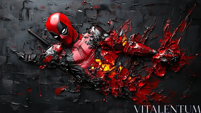 Red costumed figure fragmented in abstract textured field.