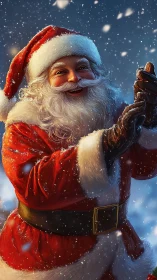 Santa Claus figure outdoors in snowfall, red suit, gloves.