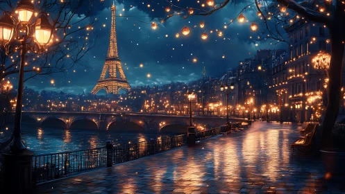 Romantic Paris riverside under glowing night lights.