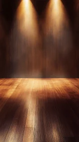 Stage-like wooden floor under warm twin spotlights glow.