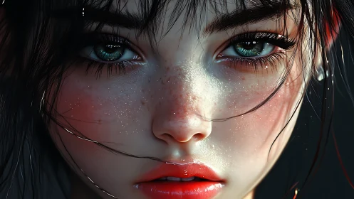 Glistening freckles and sea green eyes in quiet closeup.