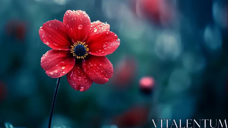 Red poppy with water droplets in rain-saturated botanical macro shot