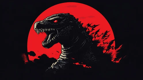 Rampaging kaiju silhouette before blazing crimson moon.