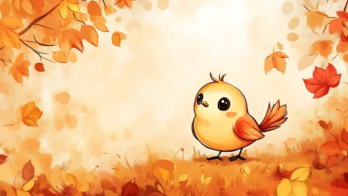 Stylized Chick Illustration in Autumn Foliage Setting.