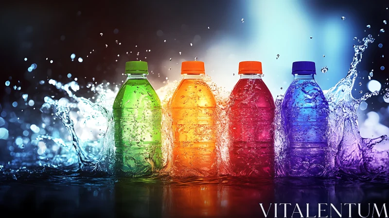Vibrant sports drink bottles splashing in dramatic water scene.