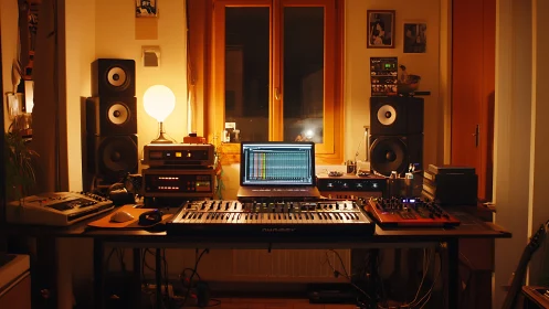 Warm home studio glows around synths, monitors and mixing desk