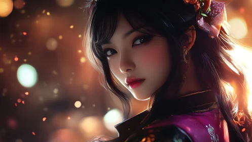 Cinematic portrait of elegant woman in glowing bokeh light.