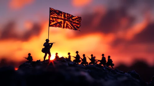 Toy soldiers advance under glowing Union Jack sunset sky.