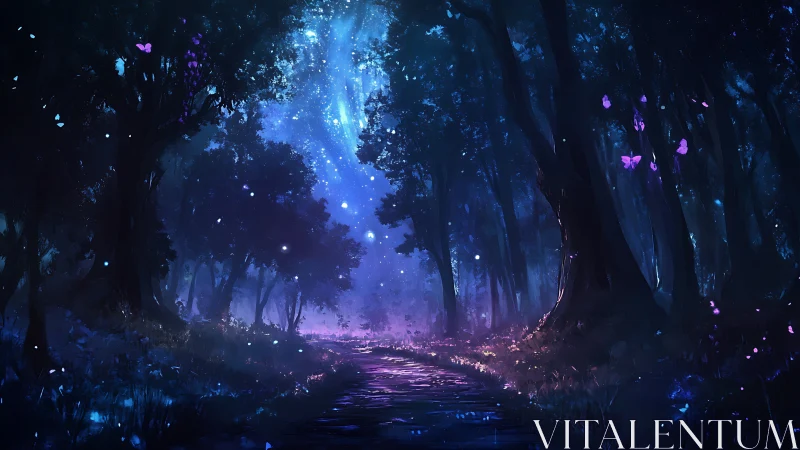 Enchanted Forest Path Glowing With Bioluminescent Butterflies