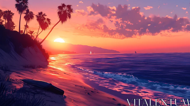 Sunset light washes over tranquil tropical surf and shore.