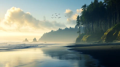 Misty forest coastline at sunrise with calm reflective surf.