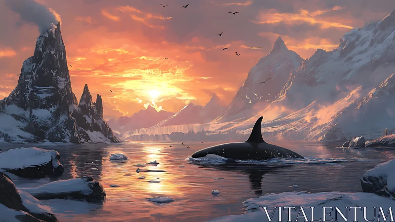Orca cuts through icy fjord under blazing polar sunset.