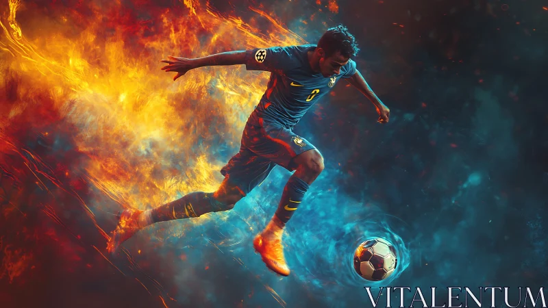 Dynamic soccer kick framed by opposing fire and ice energies