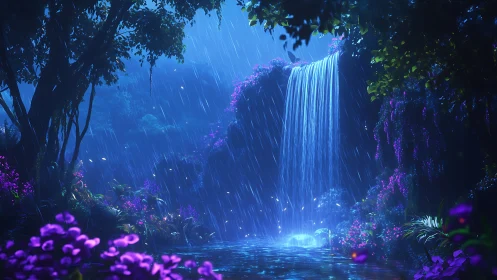 Luminous rainforest waterfall under nocturnal blue rain