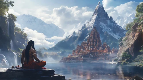 Serene sage gazing across a mystical lake toward temple.