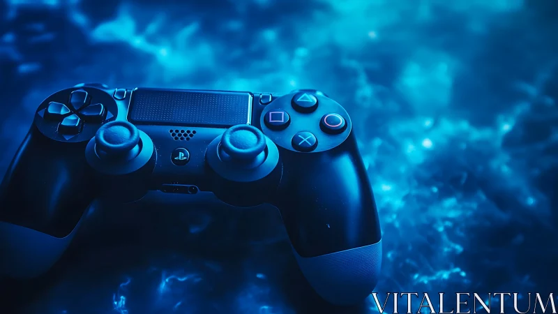 DualShock style controller under neon blue game glow.