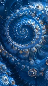 Helical blue fractal spiral with metallic microstructure detailing