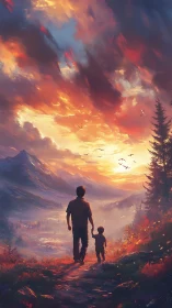 Father and child walking toward a vivid mountain sunset.