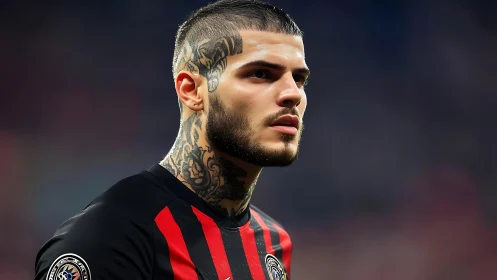 Tattooed footballer studies match field under stadium lights.