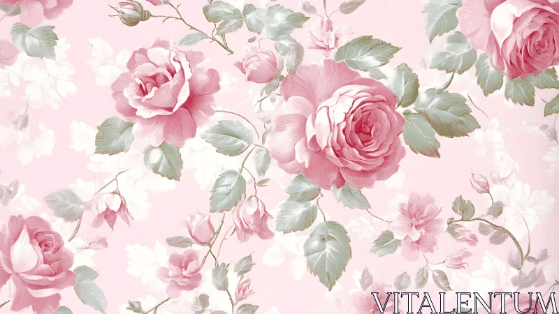 Pink rose floral pattern on pale background with foliage.