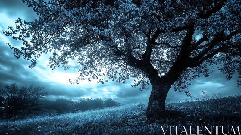 Moonlit hillside tree welcomes a quiet, dreamlike evening