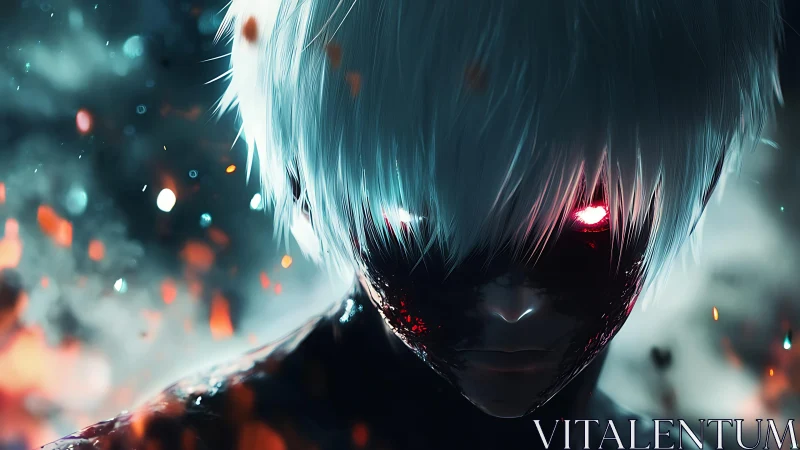 White haired anime entity stares forward with burning eyes