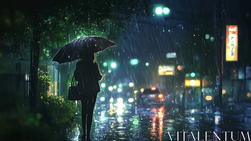 Quiet city evening sparkles as one umbrella waits in rain